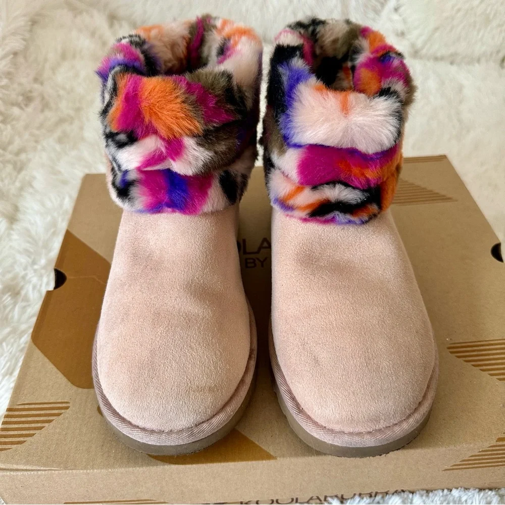 UGG Fluff Mini Quilted Motlee Pink Suede Multicolor Fur Cuff Ankle Boots Size 7